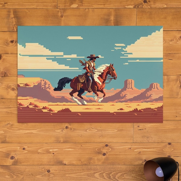 Western Cowboy Pixel Art Printable | Aesthetic Texas Rodeo Western Gamer Personal Use Digital Paper, Instant Download 20"x30"