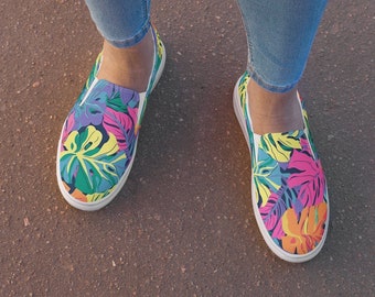 Bunte Monstera Damenschuhe | Ästhetische Slip On Canvas Schuhe
