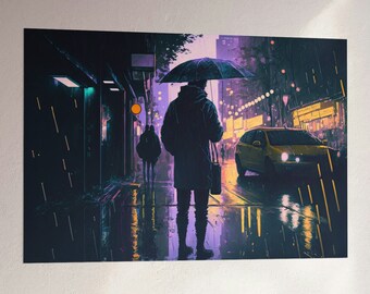 Póster de Noche Lluviosa en la Ciudad: Impresión artística de estilo ciberpunk vaporwave