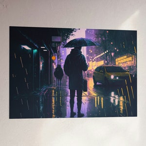 Aesthetic Rainy City Night Poster Art | Vaporwave Cyberpunk Cityscape Print Decoration for Living Room, Game Room