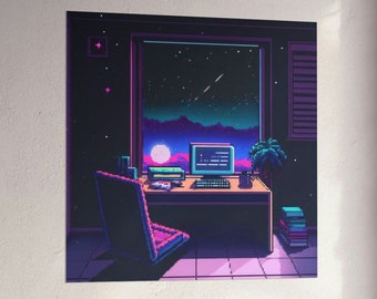 May include: A pixel art print depicting a desk scene with a computer, books, and a chair, set against a window view of a starry night sky. The color palette is dominated by shades of purple, pink, and blue, creating a retro aesthetic.