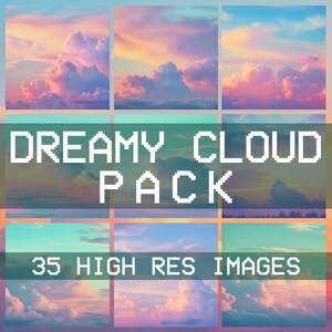 May include: A collage of nine images featuring dreamy pastel pink, blue, and purple clouds in a variety of formations. The text "DREAMY CLOUD PACK" and "35 HIGH RES IMAGES" is displayed in a pixelated font.