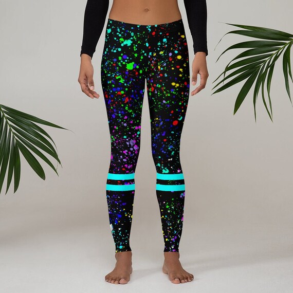 Paint Splatter Neon Leggings 80's 90's Colorful Abstract Yoga Pants 