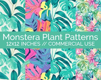 4 Monstera Plant Seamless Digital Paper, Commercial Use Pattern, Instant Download