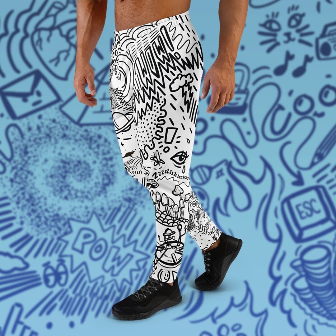 White And Black Graffiti Doodle Text Print Men's Leggings