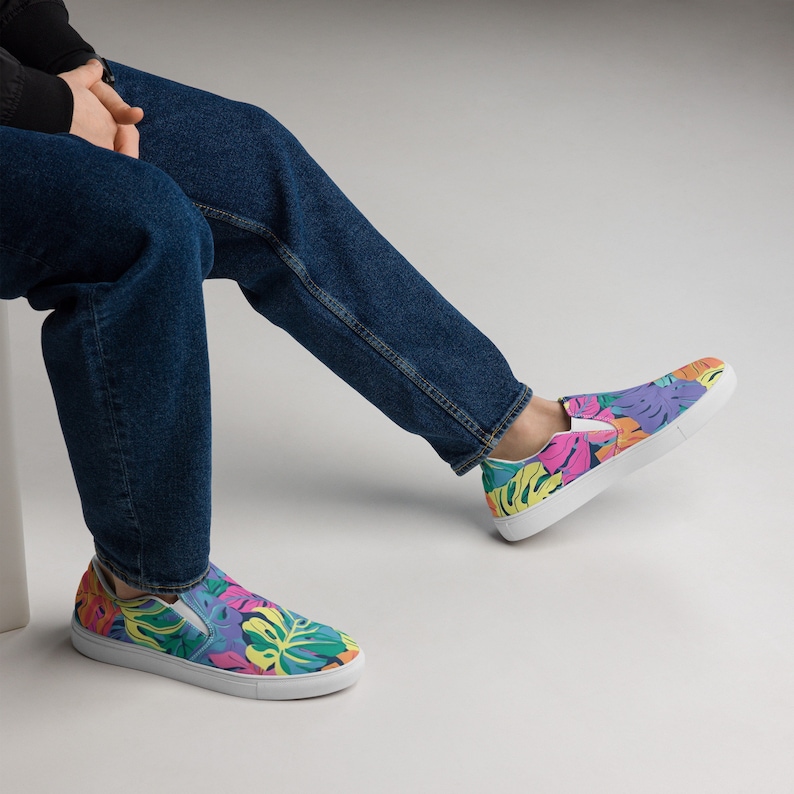 Colorful Monstera Men’s Shoes | Aesthetic Slip On Canvas Footwear | Plant Streetwear
