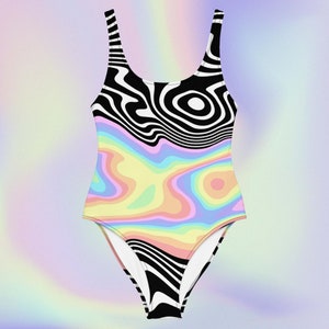Trippy RGB Melt Swimsuit - Psychedelic Black & White One-Piece Swimwear