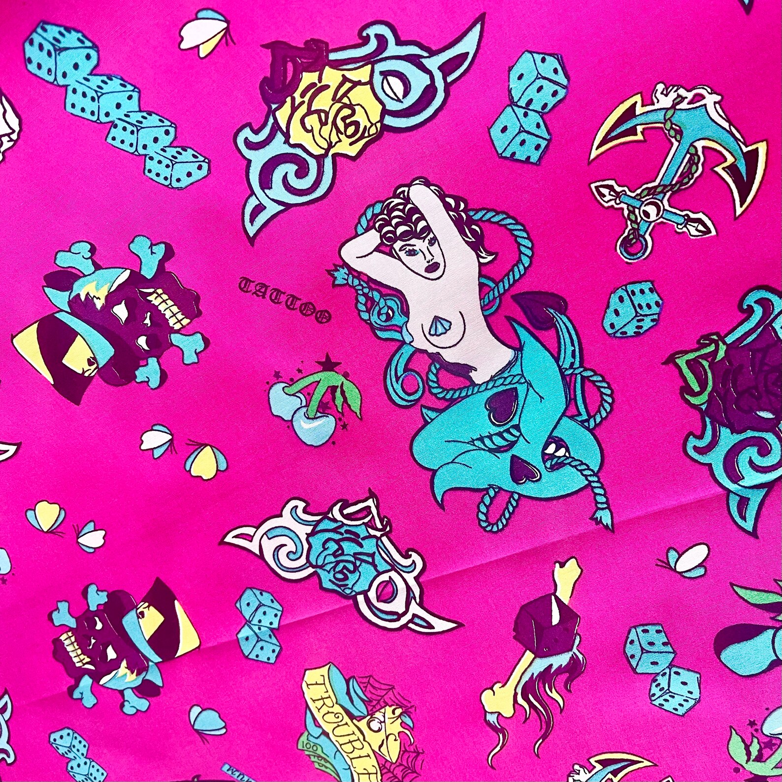 Pink Tattoo Fabric 100 Cotton Quilting Material Tattoo Etsy