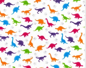 White Dinosaur Fabric Polycotton, Quilting Material, Multicoloured Dino Fabric