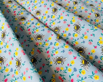 Blue Bumblebee Fabric Polycotton, Quilting Material, Bee Fabric
