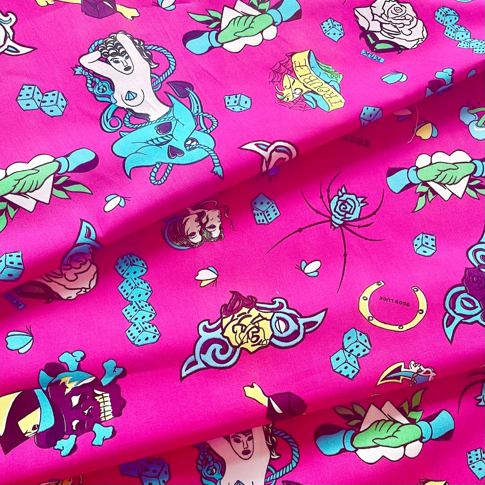 Pink Tattoo Fabric 100 Cotton Quilting Material Tattoo Etsy