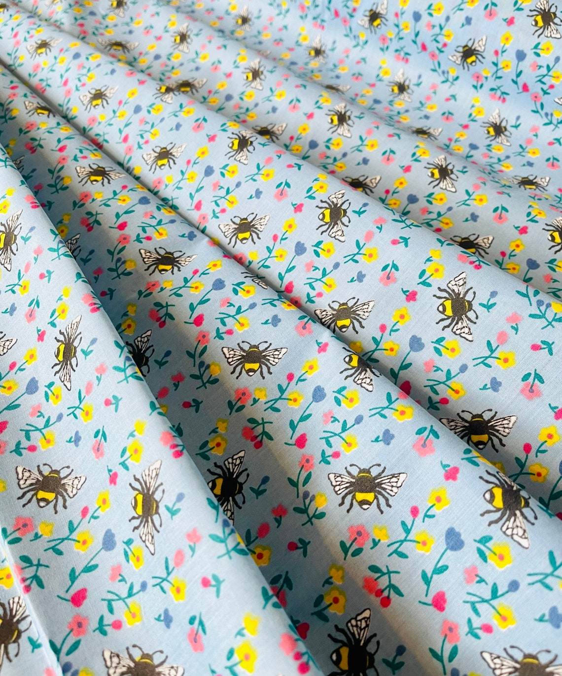 Blue Bumblebee Fabric Polycotton Quilting Material Bee Etsy
