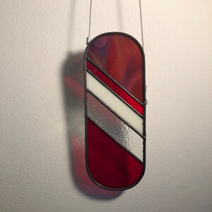 Red Pill shaped stained glass suncatcher, handmade window hanging, gift, window decor, wall decor