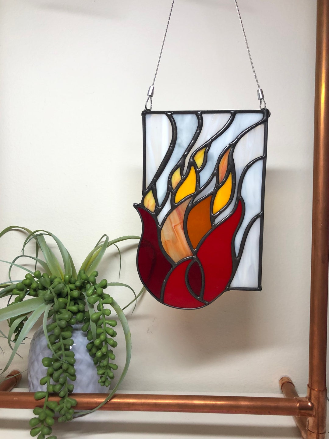 Fire Glass Panel Handmade Stained Glass Suncatcher Etsy