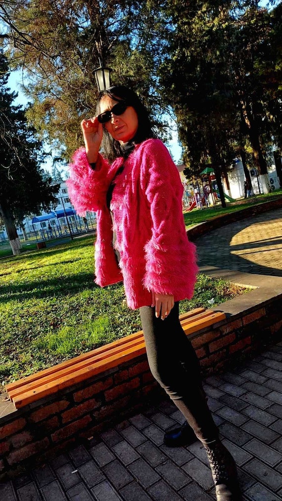 Pink Angora Wool Crochet Cable Cardigan 
