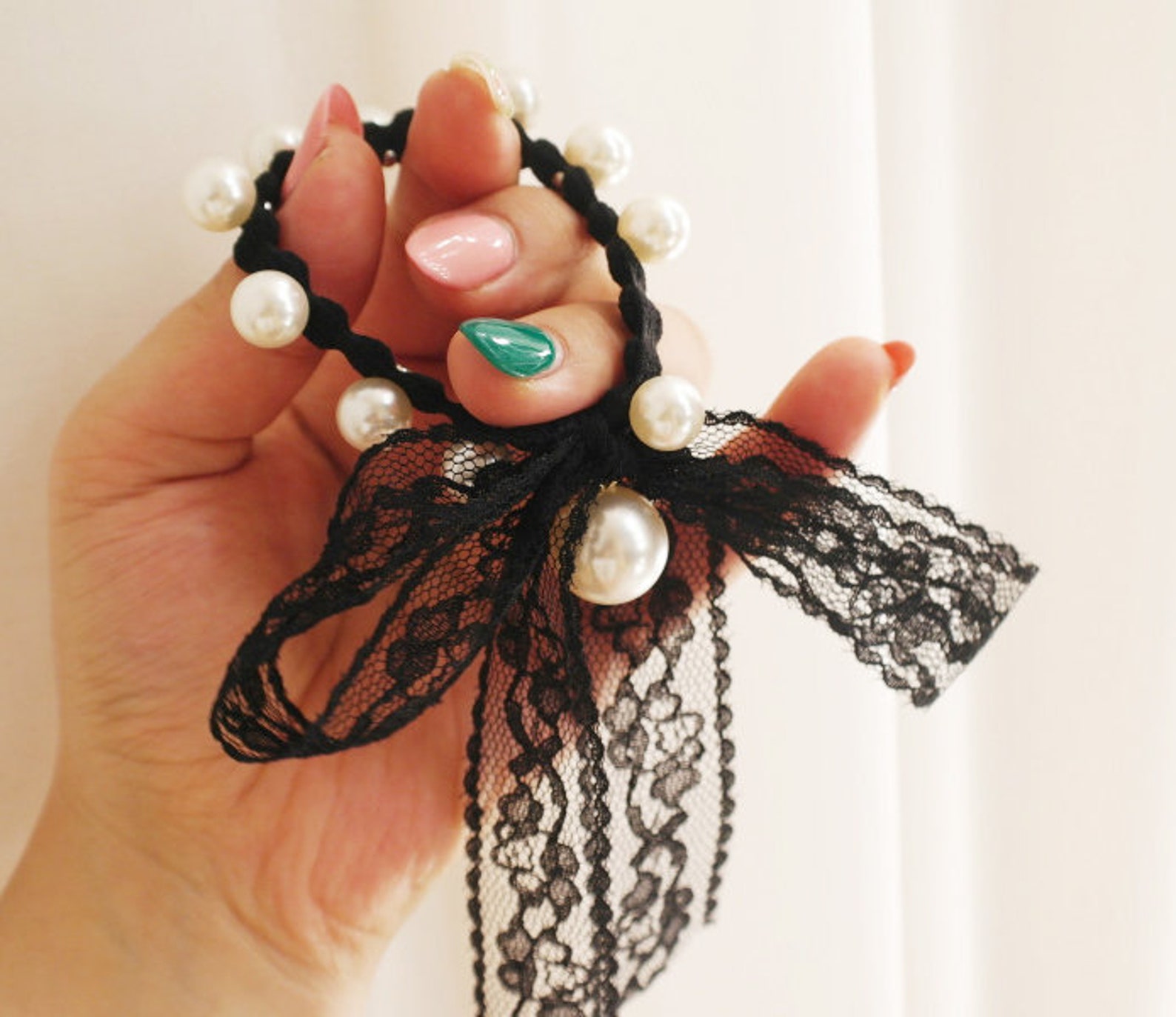 Set of 2 Pearl Black Hair Ties Black Lace Bow Bracelet Striped Etsy