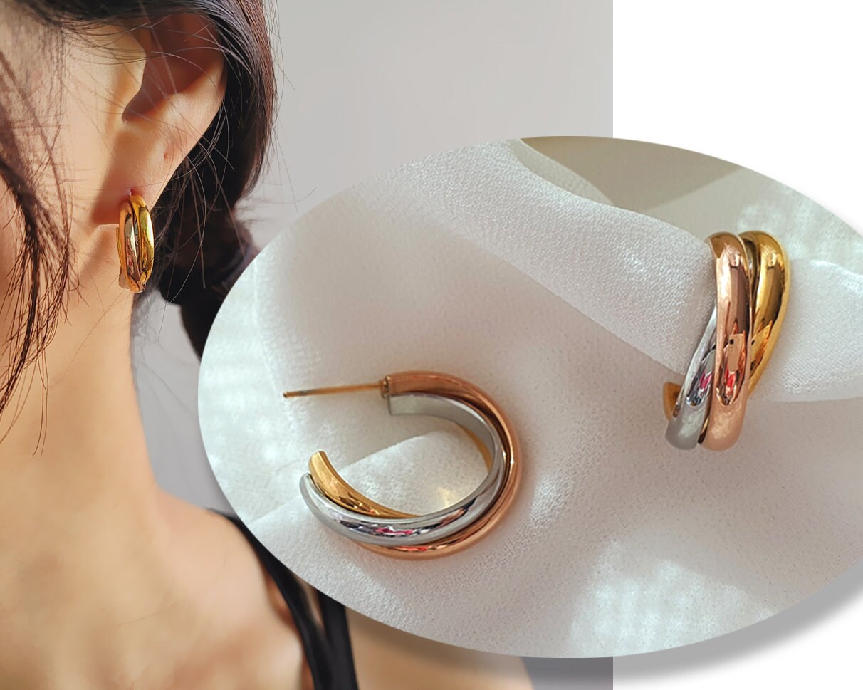 Three Tone Earrings Three Color Earrings Triple Row Hoop Earrings