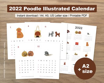 2022 Printable Calendar | A2, A3, A4, A5, US Letter | Poodle illustrated | Digital Download Planner Page Printable