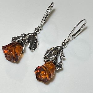 Natural Baltic Amber Rose Earrings, Honey Amber Earrings, Amber jewelry gift for her, Natural Jewelry, Sterling Silver  Earrings