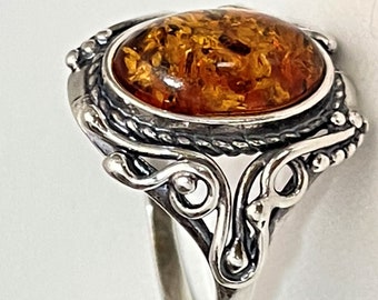 ANTIQUE AMBER SILVER Ring Rare Estate 2 Fingers Adjustable Ring Oversized Amber Ring Unusual Square Baltic Amber Ring Unique Gift For Women