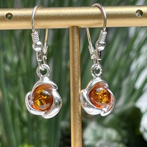 Elegant Cognac Drop Dangle Heart Natural Baltic Honey Amber Earrings, Natural Amber Jewelry, Sterling Silver Earrings, Amber Gift For Her