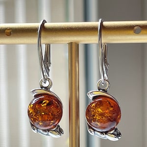 Natural Baltic Elegant Drop Dangle Heart Cognac Amber 925 Sterling Silver Earrings Beautiful Holiday Gift For Her, Natural Amber Jewelry