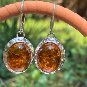 Natural Baltic Elegant Drop Dangle Heart Cognac Amber 925 Sterling Silver Earrings Beautiful Holiday Gift For Her, Natural Amber Jewelry