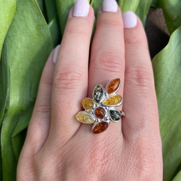 Huge Natural Baltic Amber Ring, Multi Stone, Multi colored Amber Ring, Sterling Silver Ring, Natural Jewelry, Amber Gift For Her