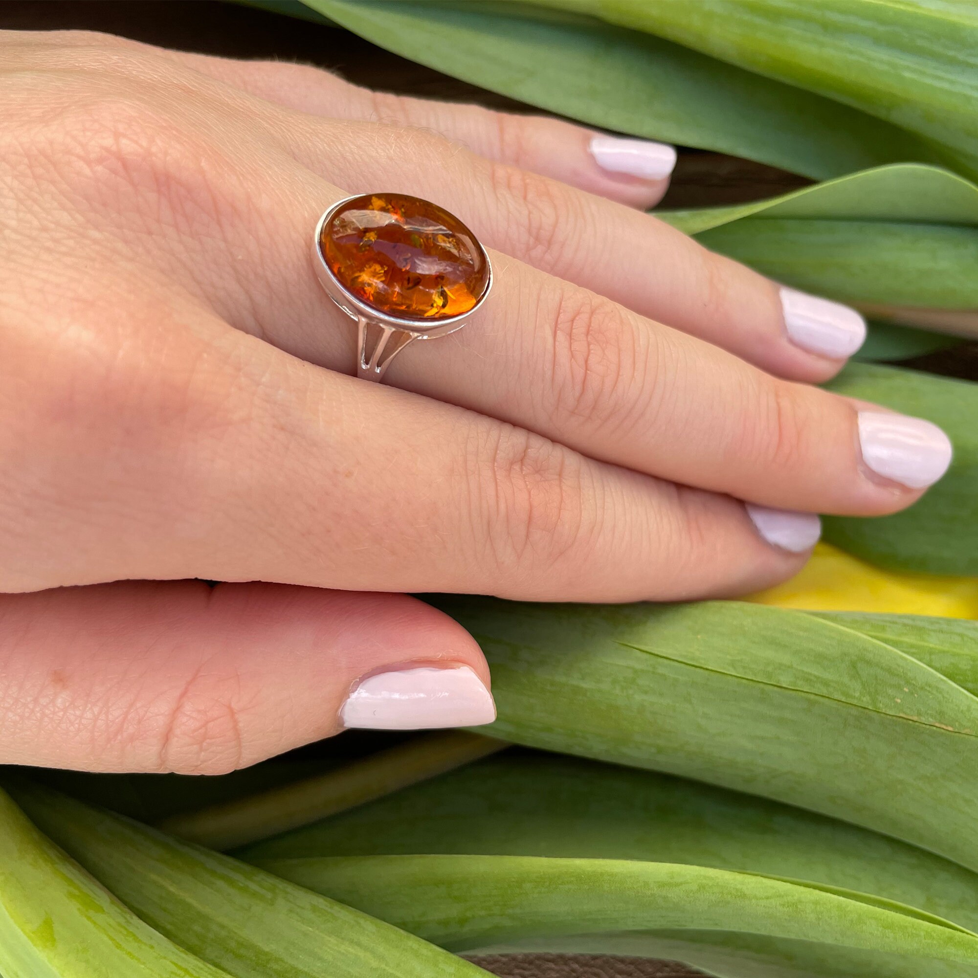 thumbnail image 2 of Genuine Baltic Amber Ring In 925 Sterling Silver – Lovely Natural Stone, Sizes 5-10 2 of 5