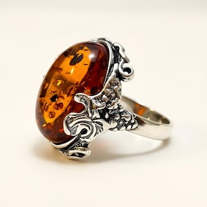 Gift For Her Birthday Large Vintage Natural Baltic Amber Ring • Amber Jewelry • Vintage Ring  • DAUGHTER GIFT •  Sterling Silver Ring