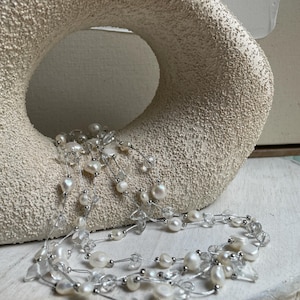 Pearl and crystal multi strand necklace, Unique pearl necklace, Shimmering pearl and sparkly crystal necklace.