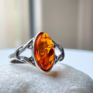 Sterling Silver Ring, Amber Jewelry, Natural Baltic Cognac Amber Ring, Best Gift For Her Birthday, Statement Jewelry, Statement Ring