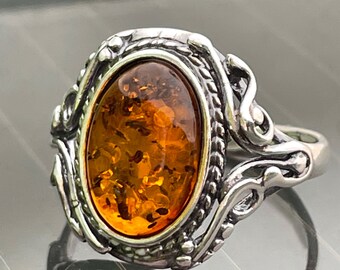 AAA Solid 925 Sterling Silver Natural Baltic Amber Gemstone Mens Ring #3382