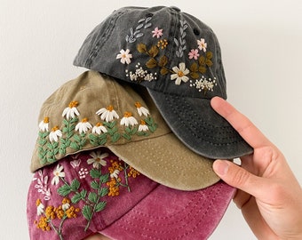 Chapeau brodé à la main, casquette en jean brodée florale, chapeau vintage pour femme, casquette de baseball brodée, cadeau d'anniversaire, cadeau pour femme