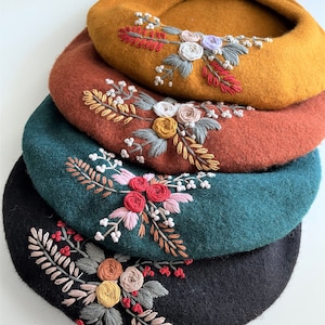 Hand Embroidered 100% Wool Flower French Beret, Custom Embroidered Hat, Beret For Women, Embroidered Beret, Gift For Women, Valentine&#39;s Gift
