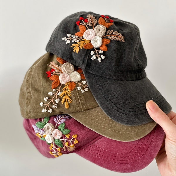 Hand Embroidered Hat, Floral Embroidered Denim Cap, Vintage Hat For Woman, Embroidered Baseball Cap, Birthday Gift, Gift For Women