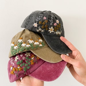 Hand Embroidered Hat, Floral Embroidered Denim Cap, Vintage Hat For Woman, Embroidered Baseball Cap, Birthday Gift, Gift For Women