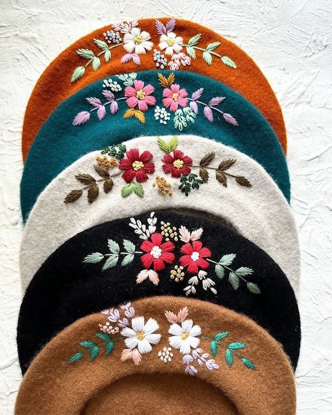Floral Embroidered French Beret, Hand Embroidery Beret Women, Winter Beret With Flowers, Embroidered Hat,Wool Winter French Hat,Gift for mom
