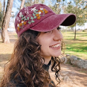 Hand Embroidered Hat, Floral Embroidered Denim Cap, Vintage Hat For Woman, Embroidered Baseball Cap, Birthday Gift, Gift For Women image 5