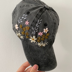 Hand Embroidered Hat, Floral Embroidered Denim Cap, Vintage Hat For Woman, Embroidered Baseball Cap, Birthday Gift, Gift For Women black