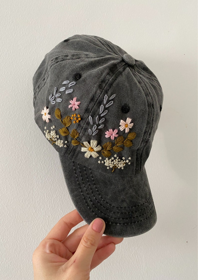 Hand Embroidered Hat, Floral Embroidered Denim Cap, Vintage Hat For Woman, Embroidered Baseball Cap, Birthday Gift, Gift For Women black