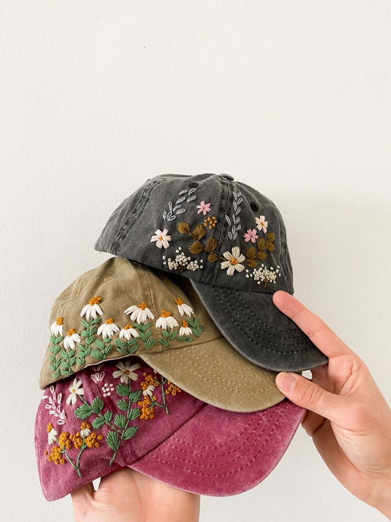 Hand Embroidered Hat, Floral Embroidered Denim Cap, Vintage Hat For Woman, Embroidered Baseball Cap, Birthday Gift, Gift For Women image 1
