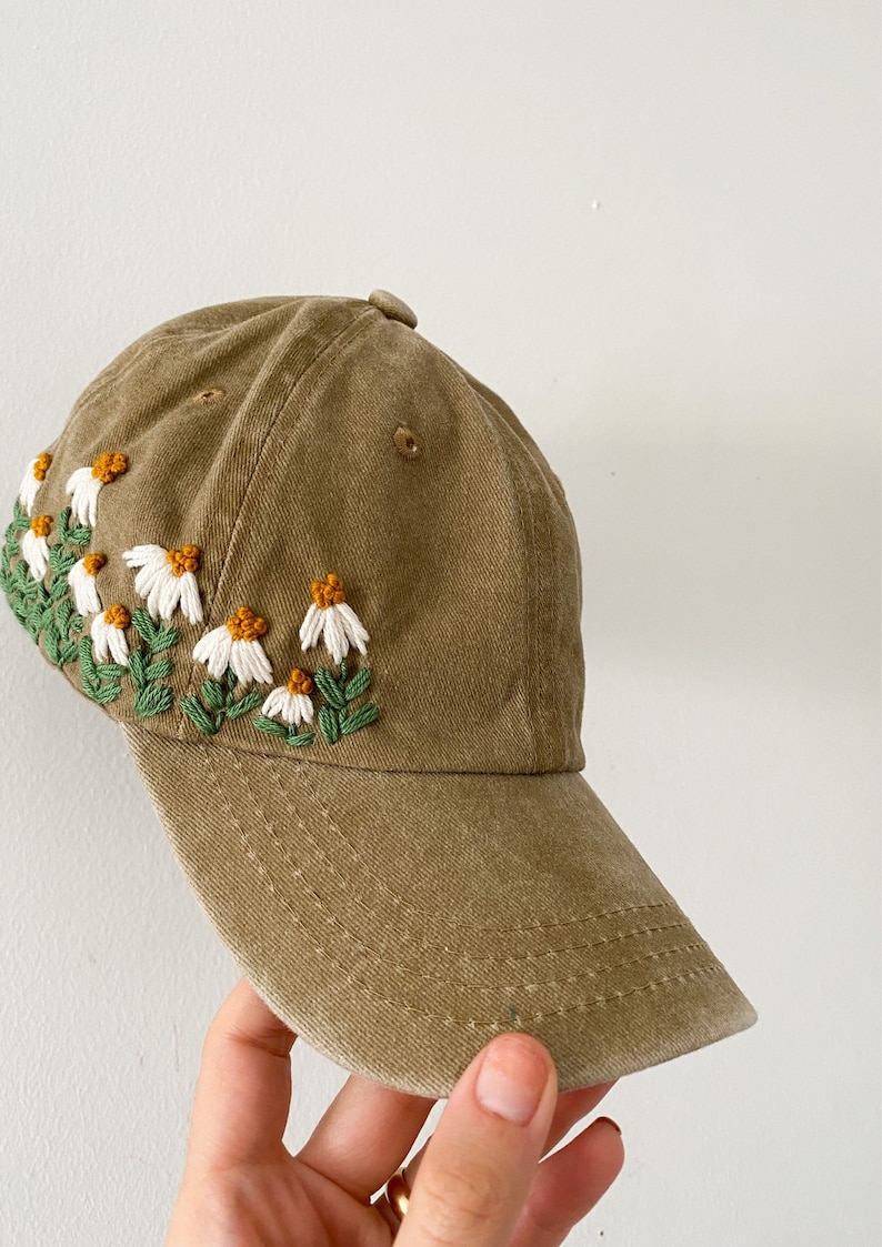 Hand Embroidered Hat, Floral Embroidered Denim Cap, Vintage Hat For Woman, Embroidered Baseball Cap, Birthday Gift, Gift For Women green