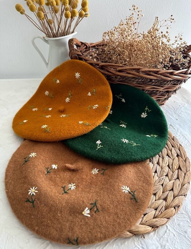 Floral Embroidered French Beret, Hand Embroidery Beret Women, Winter Beret With Flowers, Embroidered Hat,Wool Winter French Hat,Gift for mom