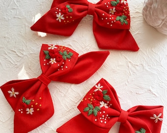 3-Pack Embroidered  Red Buckle Set, Hand Embroidered Linen Bows, Embroidered Flower Bow, Rainbow  Pinwheel Fabric Bow, Christmas Gift