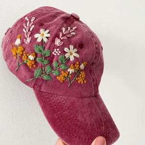 Hand Embroidered Hat, Floral Embroidered Denim Cap, Vintage Hat For Woman, Embroidered Baseball Cap, Birthday Gift, Gift For Women pink