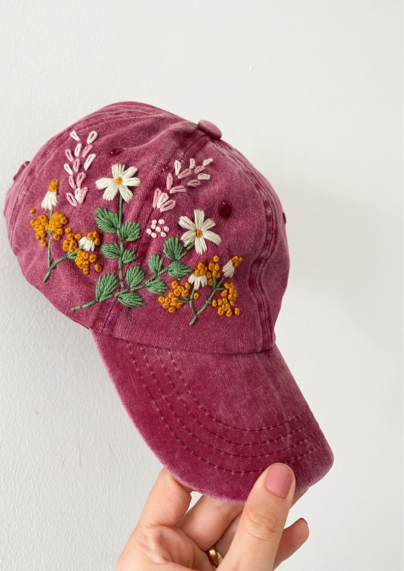 Hand Embroidered Hat, Floral Embroidered Denim Cap, Vintage Hat For Woman, Embroidered Baseball Cap, Birthday Gift, Gift For Women pink