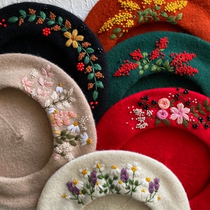 Hand Embroidered 100% Wool Flower French Beret, Custom Embroidered Hat, Beret For Women, Embroidered Beret, Gift For Women, Valentine&#39;s Gift