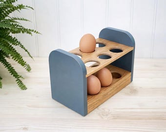 Egg Holder in Oak, Free Standing with either Blue or White Sides. Holds 12 Fresh Eggs.