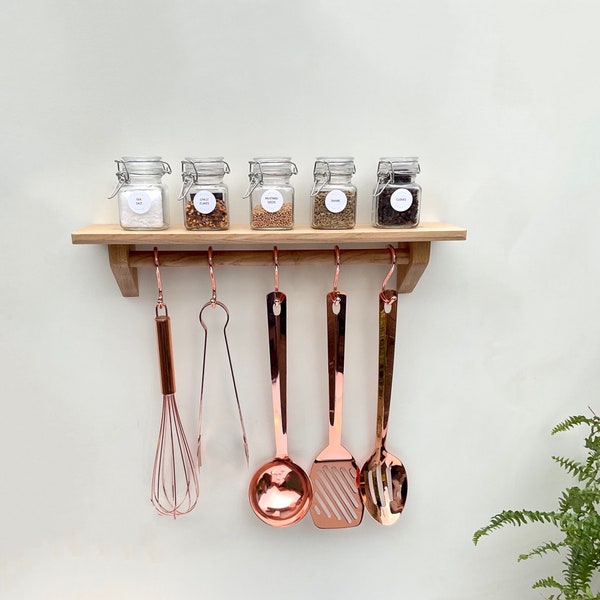 Kitchen Utensil Rail with Shelf, Wall Mounted in Oak